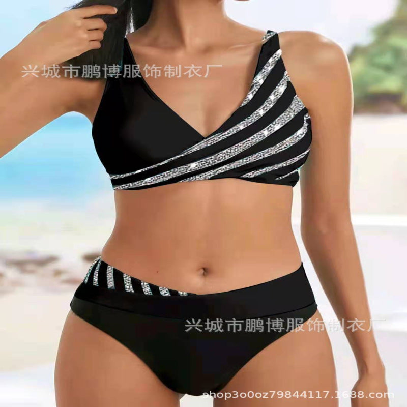 2026 New Hot-Selling European and American Amazon Sexy Rhinestone Printed Two-Piece Bikini Swimsuit