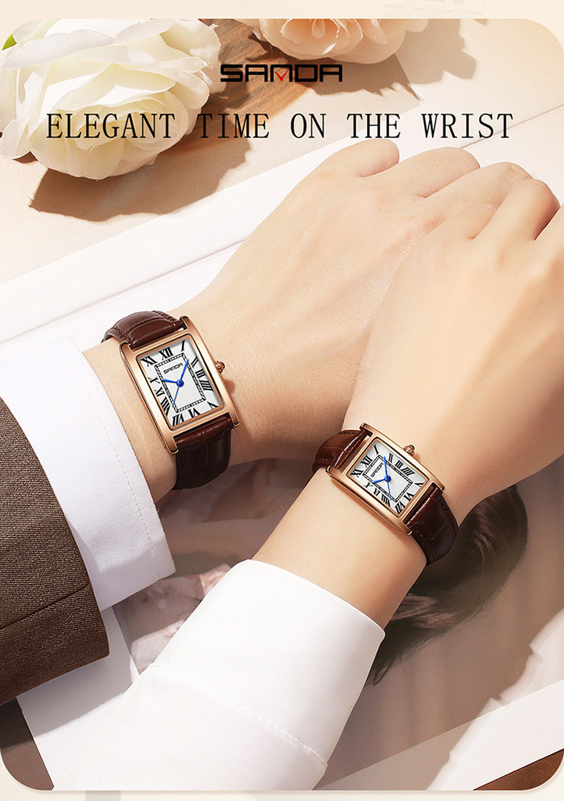 Sanda Live Hot Couple Watch Vintage Square Quartz Watch Waterproof Roman Scale Men's and Women's Watches