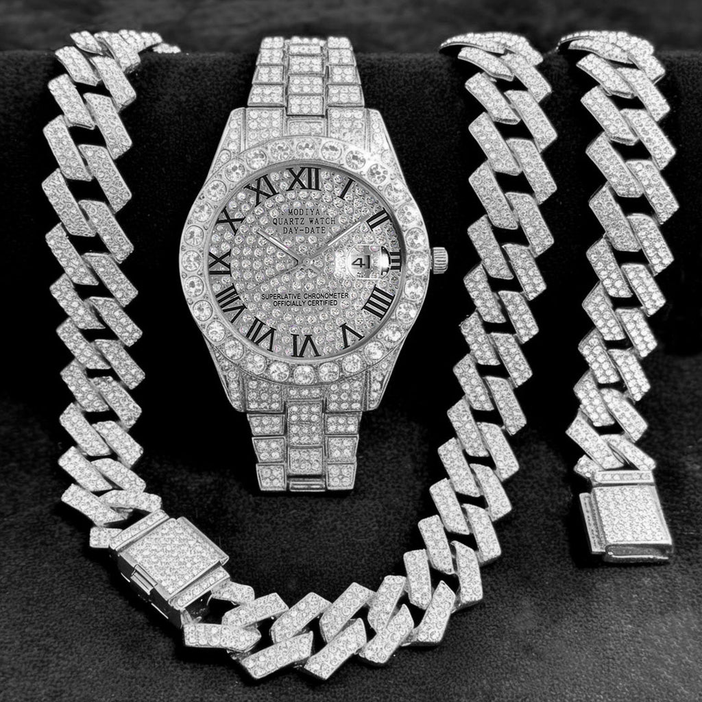 Diamond-Encrusted Watches,🔥🔥🔥🔥 Diamond-Shaped Cuban Bracelets and Necklaces, Three-Piece Set