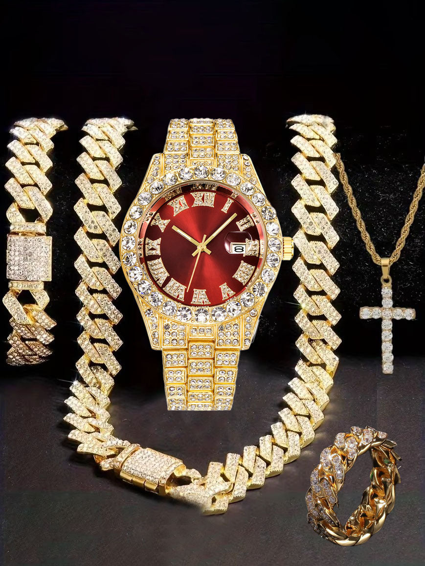 Diamond Watch🔥🔥🔥🔥 Five-Piece Diamond Cuban Chain Cross Necklace Cuban Ring