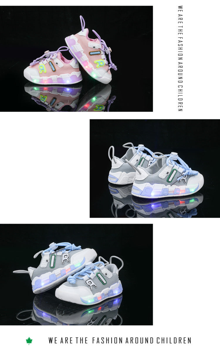 mesh sports shoes with lights children's shoes breathable casual boys and girls letters baby children's shoes in stock