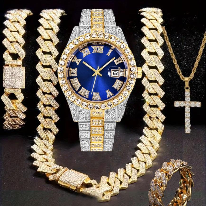 Diamond Watch🔥🔥🔥🔥 Five-Piece Diamond Cuban Chain Cross Necklace Cuban Ring