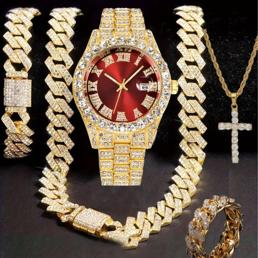 Diamond Watch🔥🔥🔥🔥 Five-Piece Diamond Cuban Chain Cross Necklace Cuban Ring