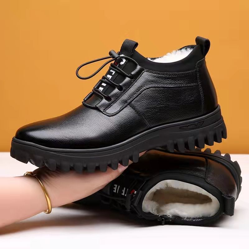 Men's shoes winter men's cotton-padded shoes men's soft bottom non-slip leather shoes men's soft leather high-top thickened fleece-lined warm snow boots
