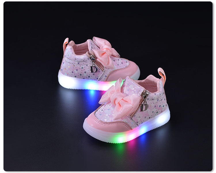 Spring and Autumn New Girls Princess LED Lighting Small and Medium Girls Casual Bow Sports Soft Sole Shoes Factory Outlet