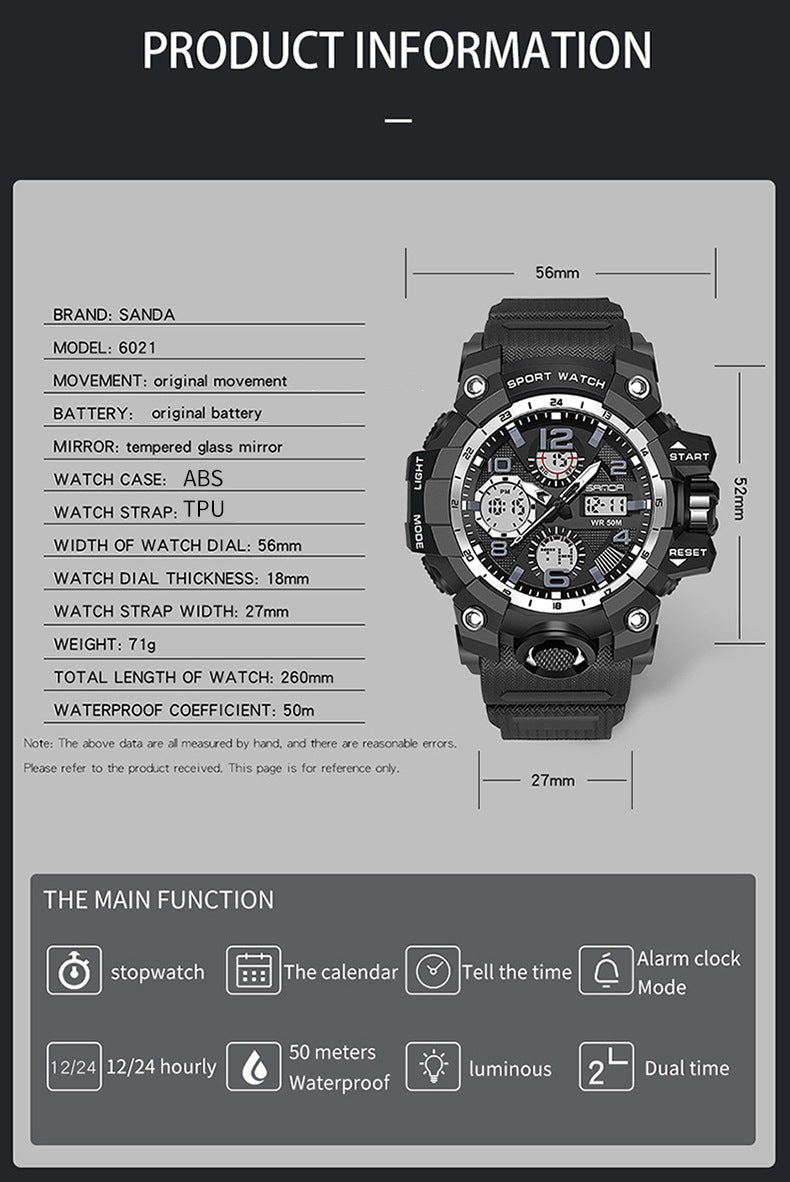 Sanda Hot-Selling Watch Korean Version Student Party Multi-Functional Waterproof Alarm Clock Electronic Watch Cool Dual Display Luminous Sports Watch