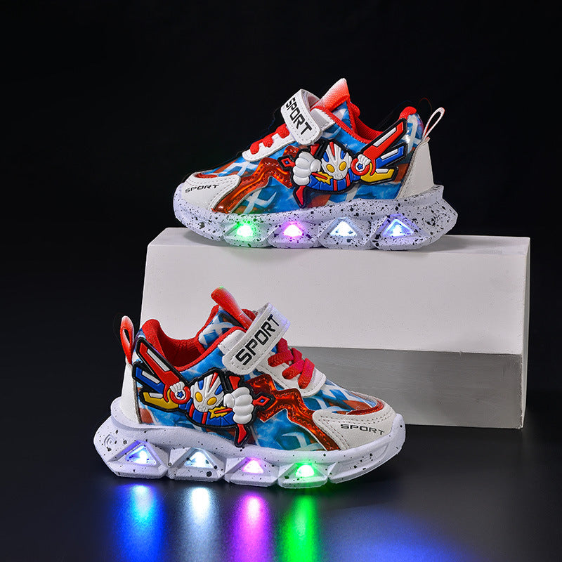 Spring and autumn 2025 new leather bright lights children's sneaker wholesale cartoon with lights boys soft bottom running shoes in stock