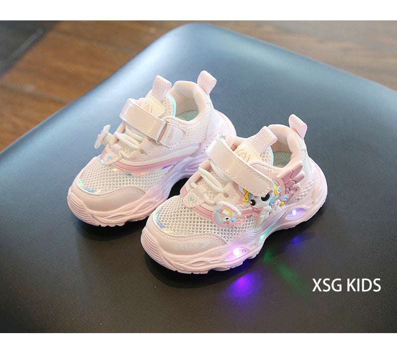 girls shoes with lights cartoon mesh fashion hook and loop sneaker for children