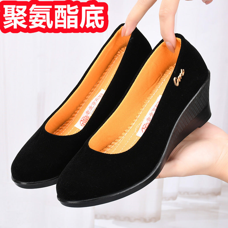 Black Polyurethane Shoes with Thick Soles and Wedge Heels, Women's Shoes
