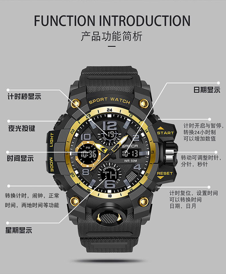 Sanda Hot-Selling Watch Korean Version Student Party Multi-Functional Waterproof Alarm Clock Electronic Watch Cool Dual Display Luminous Sports Watch