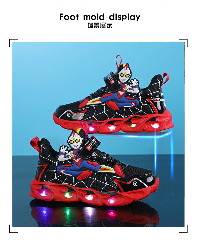 Boys' Shoes Anti-Slip Mid-Leat Running Shoes Leather with Lights Spider-Man Children's Sports Shoes Autumn Lightweight
