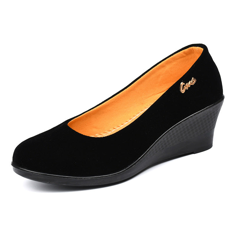 Black Polyurethane Shoes with Thick Soles and Wedge Heels, Women's Shoes