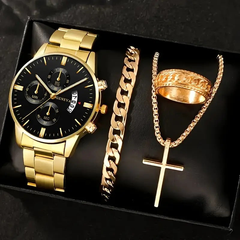 🔥🔥🔥🔥🔥Men's 4-piece Luxury Stainless Steel Quartz Watch with Calendar Gold Cross Necklace Bracelet and Ring