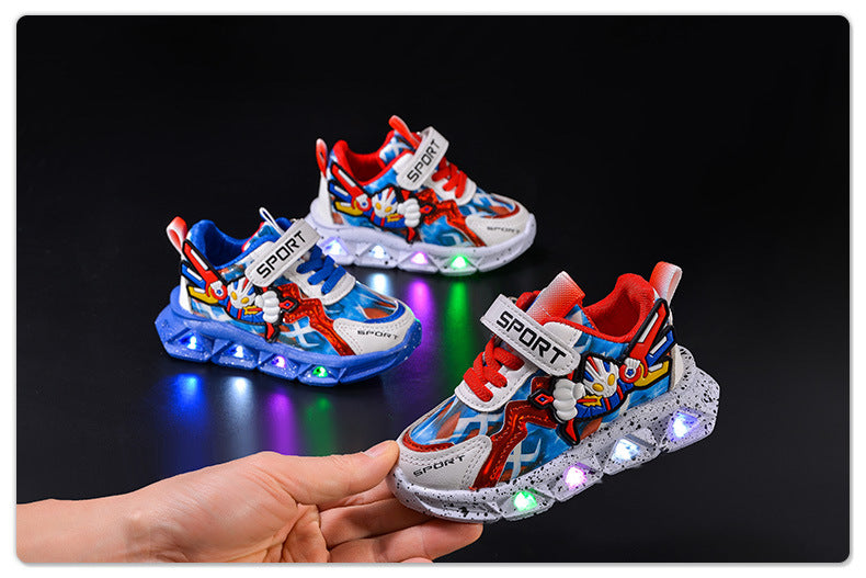Spring and autumn 2025 new leather bright lights children's sneaker wholesale cartoon with lights boys soft bottom running shoes in stock