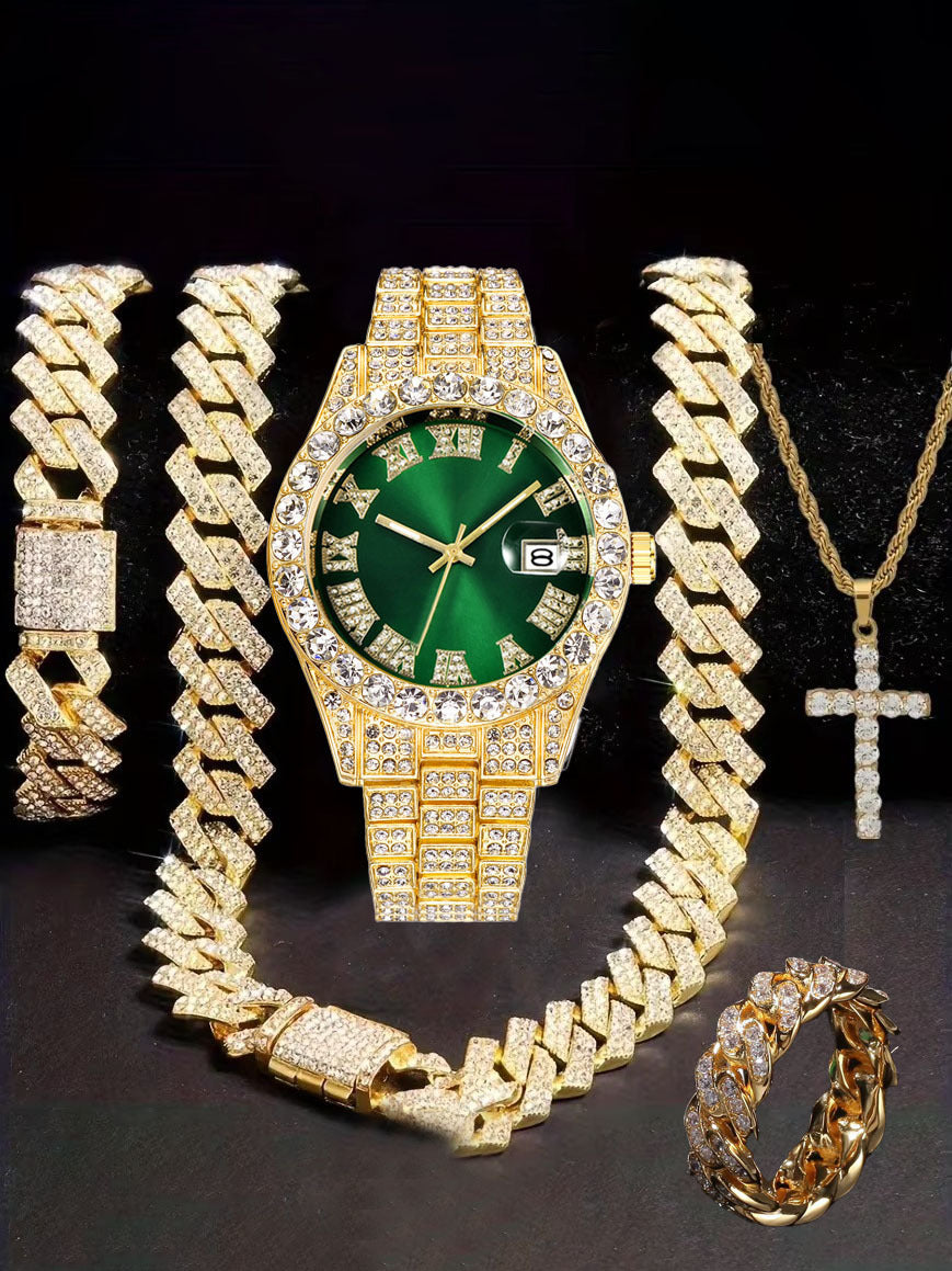 Diamond Watch🔥🔥🔥🔥 Five-Piece Diamond Cuban Chain Cross Necklace Cuban Ring