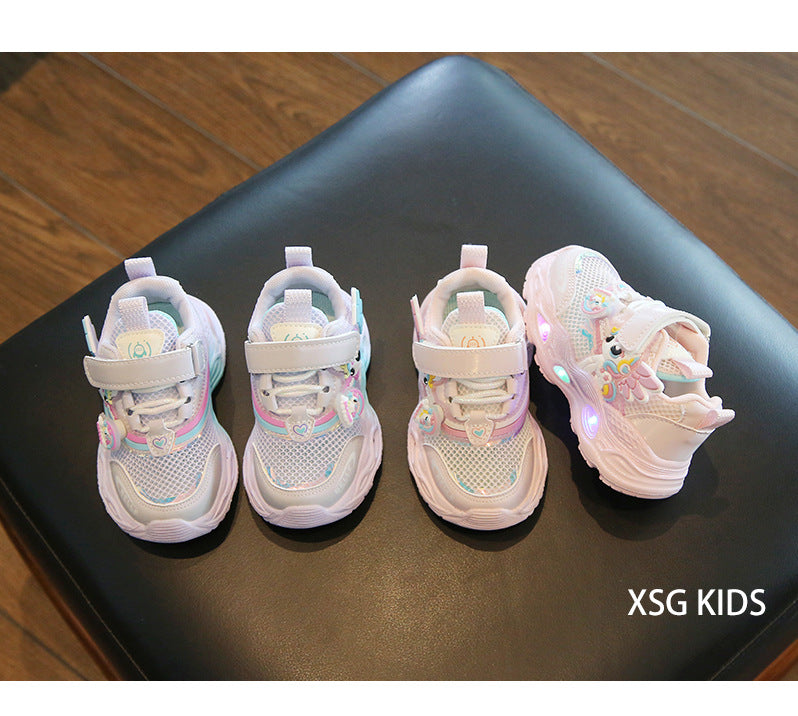 girls shoes with lights cartoon mesh fashion hook and loop sneaker for children
