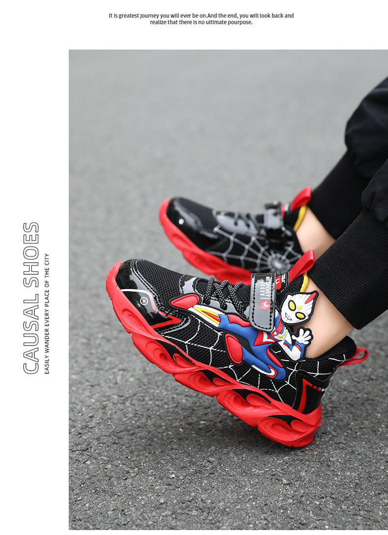 Boys' Shoes Anti-Slip Mid-Leat Running Shoes Leather with Lights Spider-Man Children's Sports Shoes Autumn Lightweight
