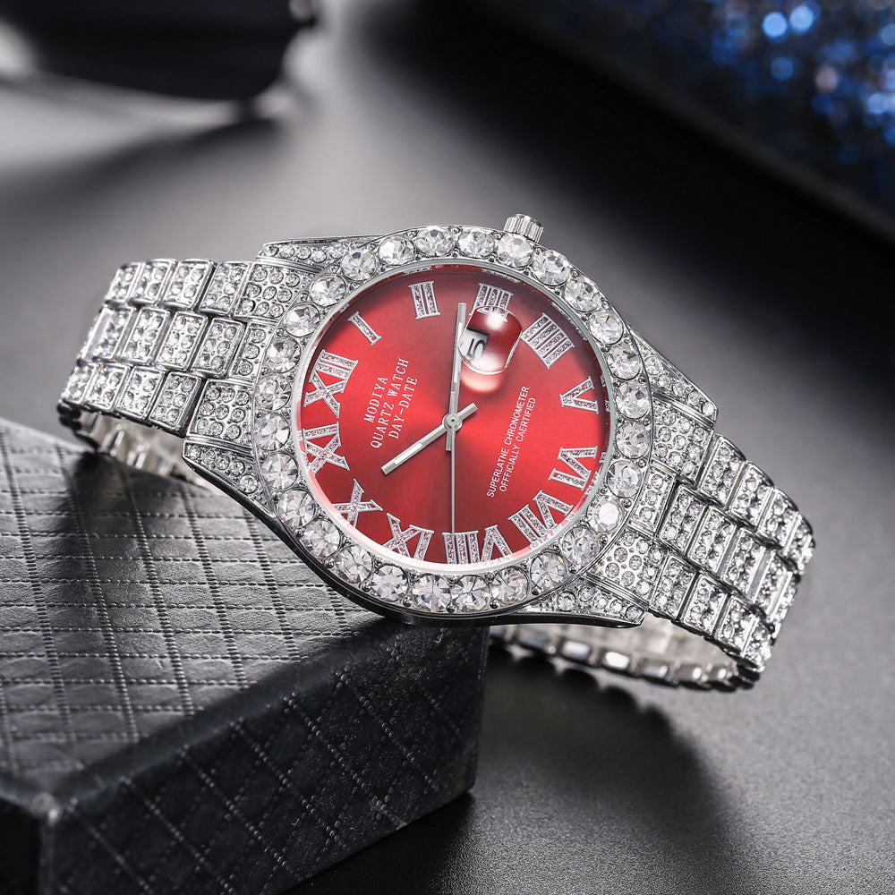 Diamond-Encrusted Watches,🔥🔥🔥🔥 Diamond-Shaped Cuban Bracelets and Necklaces, Three-Piece Set