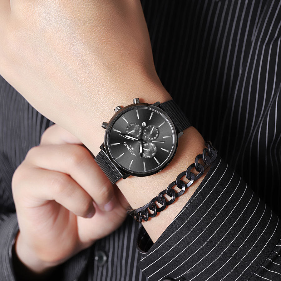 Men's Mesh Band Watch Fashion Calendar Quartz Watch Business Casual Business Men's Cool Blue Watch