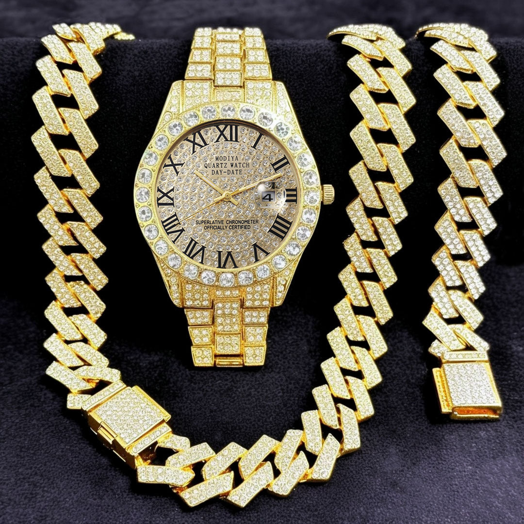 Diamond-Encrusted Watches,🔥🔥🔥🔥 Diamond-Shaped Cuban Bracelets and Necklaces, Three-Piece Set