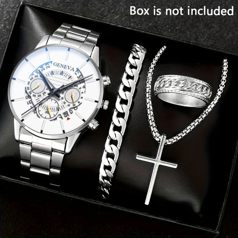🔥🔥🔥🔥🔥Men's 4-piece Luxury Stainless Steel Quartz Watch with Calendar Gold Cross Necklace Bracelet and Ring