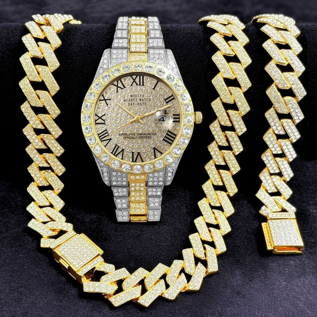 Diamond-Encrusted Watches,🔥🔥🔥🔥 Diamond-Shaped Cuban Bracelets and Necklaces, Three-Piece Set