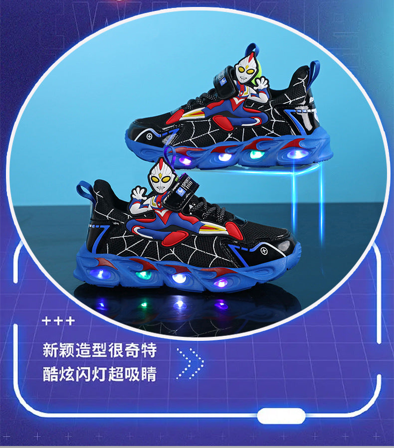 Boys' Shoes Anti-Slip Mid-Leat Running Shoes Leather with Lights Spider-Man Children's Sports Shoes Autumn Lightweight