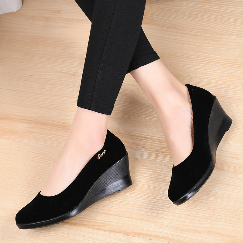 Black Polyurethane Shoes with Thick Soles and Wedge Heels, Women's Shoes