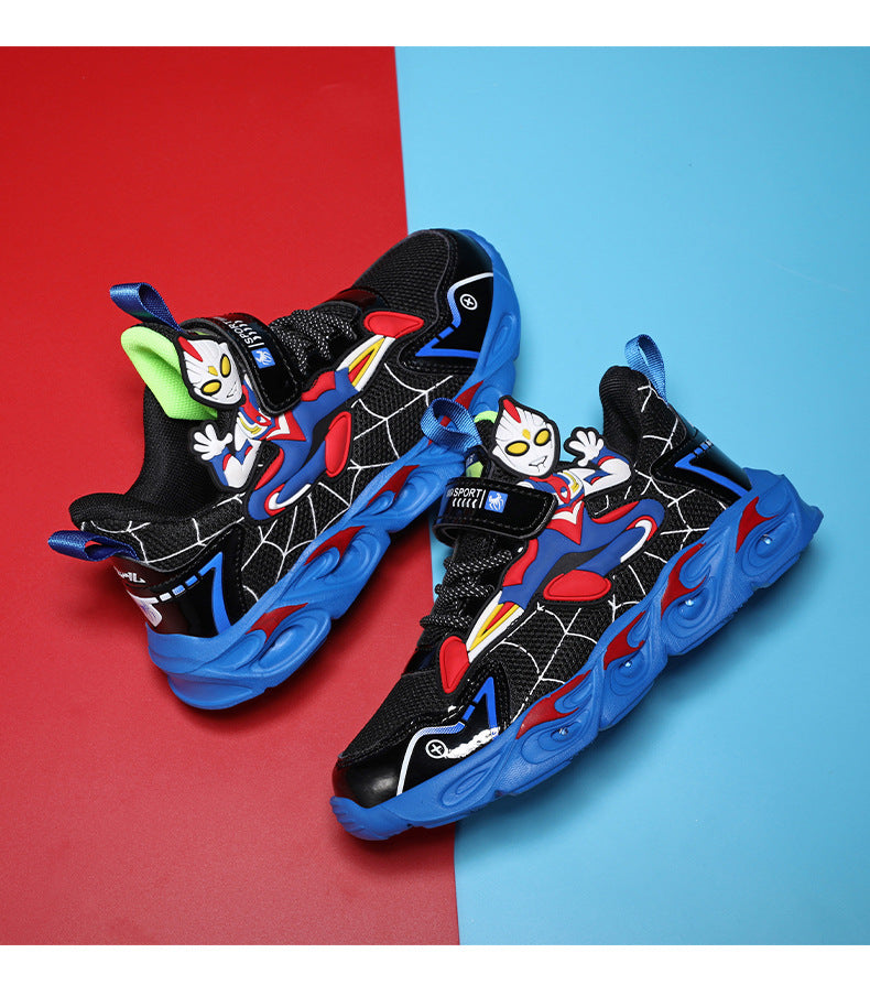 Boys' Shoes Anti-Slip Mid-Leat Running Shoes Leather with Lights Spider-Man Children's Sports Shoes Autumn Lightweight