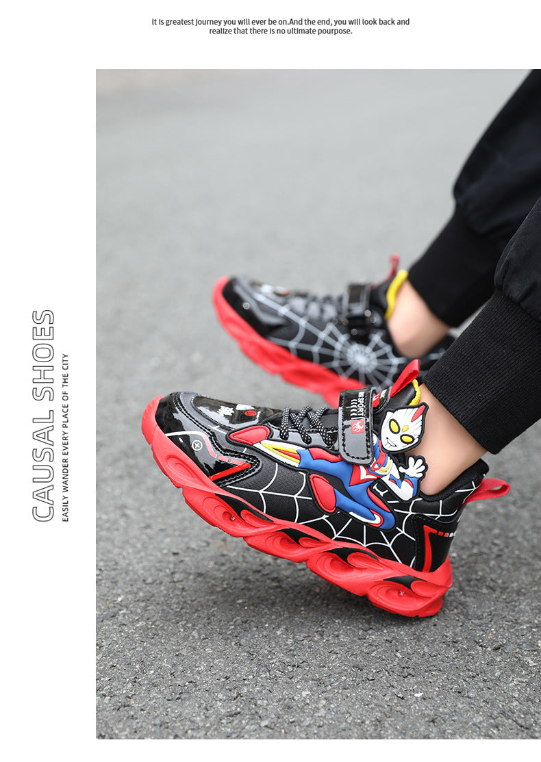 Boys' Shoes Anti-Slip Mid-Leat Running Shoes Leather with Lights Spider-Man Children's Sports Shoes Autumn Lightweight