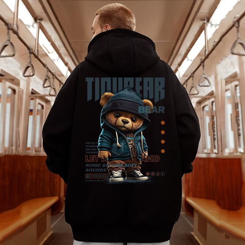 Men's Trendy Cartoon Bear Hooded Sweatshirt Autumn and Winter Men's Fashion Oversize American Style Trendy Brand Sweatshirt for Big Guys