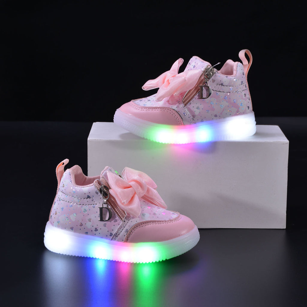 Spring and Autumn New Girls Princess LED Lighting Small and Medium Girls Casual Bow Sports Soft Sole Shoes Factory Outlet