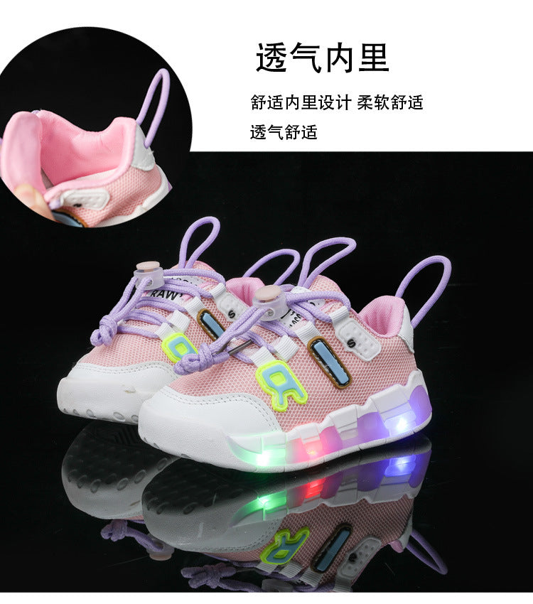 mesh sports shoes with lights children's shoes breathable casual boys and girls letters baby children's shoes in stock