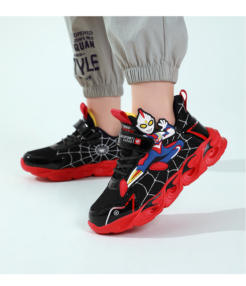 Boys' Shoes Anti-Slip Mid-Leat Running Shoes Leather with Lights Spider-Man Children's Sports Shoes Autumn Lightweight