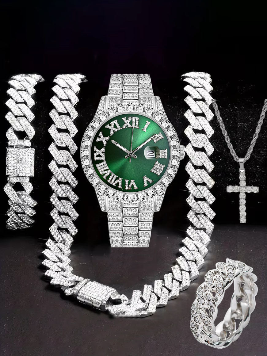 Diamond Watch🔥🔥🔥🔥 Five-Piece Diamond Cuban Chain Cross Necklace Cuban Ring