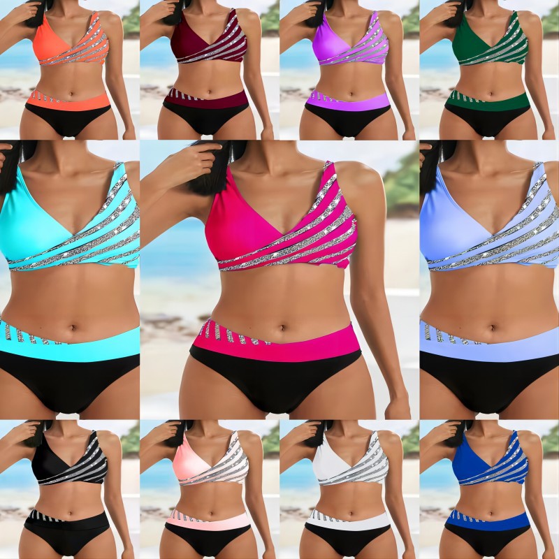 2026 New Hot-Selling European and American Amazon Sexy Rhinestone Printed Two-Piece Bikini Swimsuit
