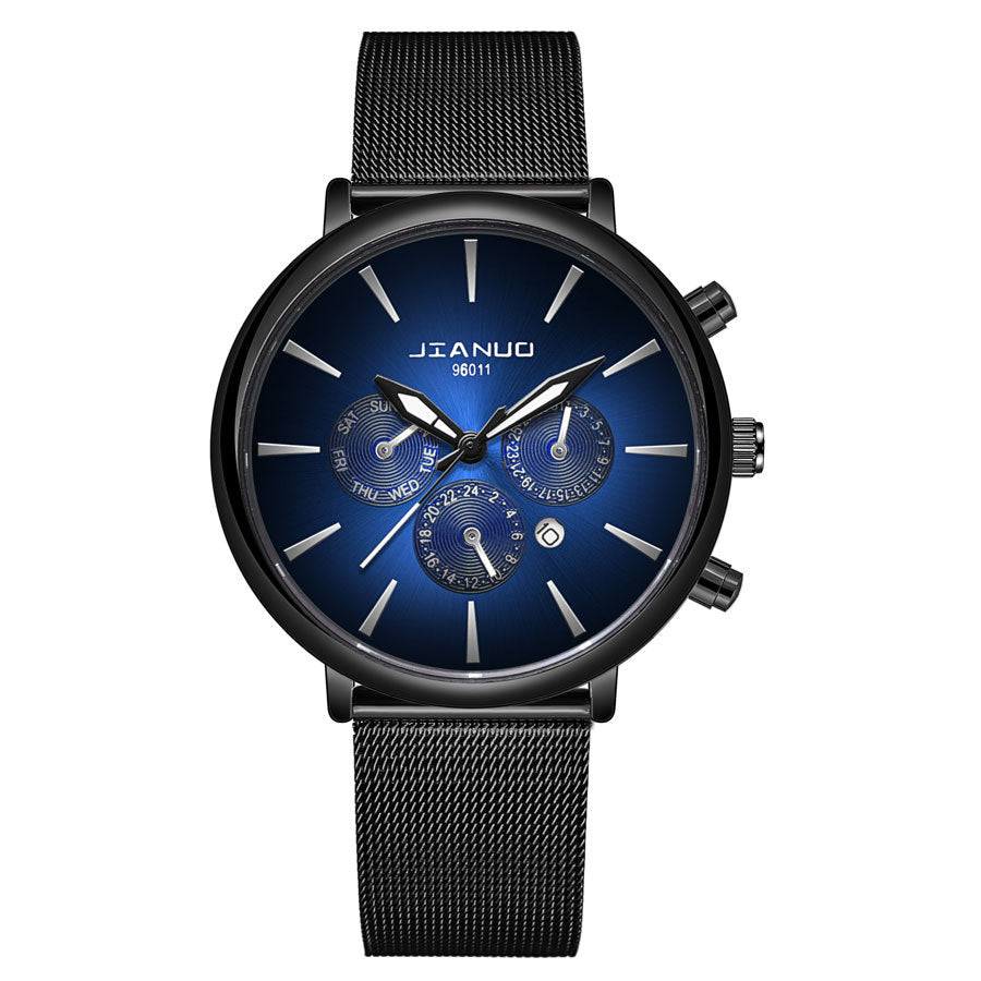 Men's Mesh Band Watch Fashion Calendar Quartz Watch Business Casual Business Men's Cool Blue Watch