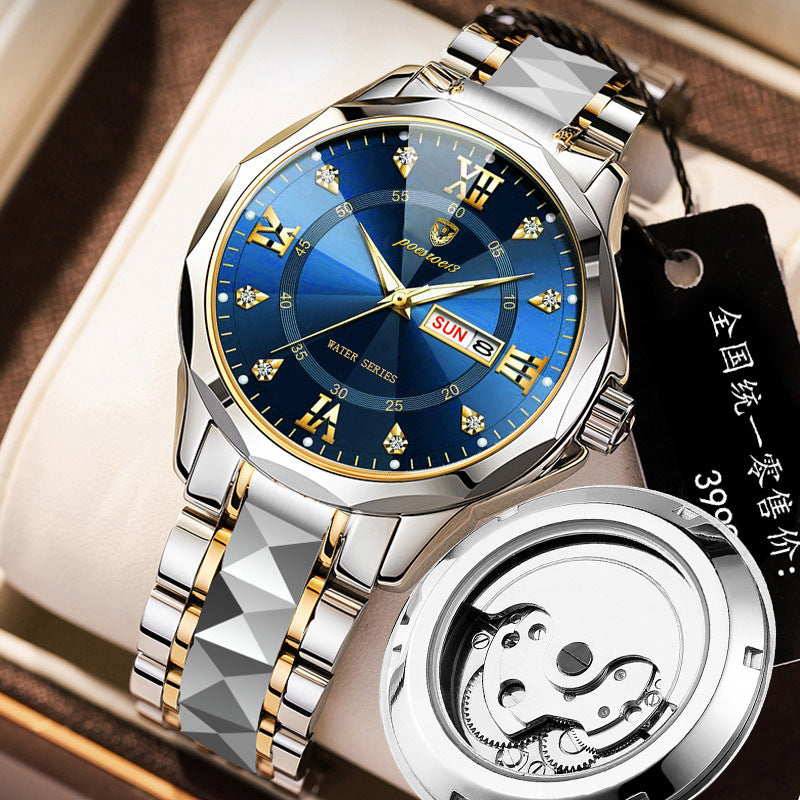 men's watch butterfly buckle steel belt luminous waterproof calendar Diamond
