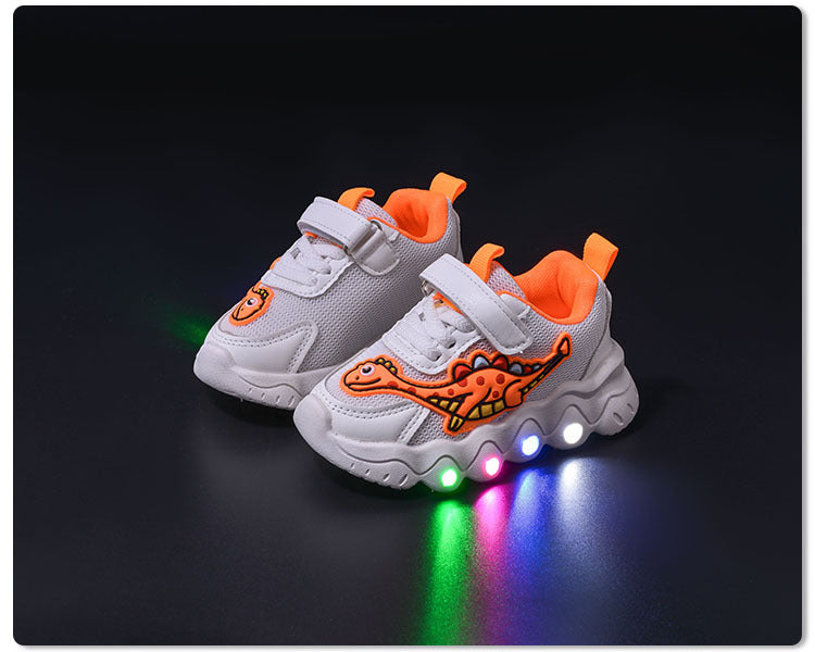 Spring New Style Dinosaur Led Light Sneakers for Boys and Girls Spring & Fall New Mesh Breathable Casual Light Shoes for Children
