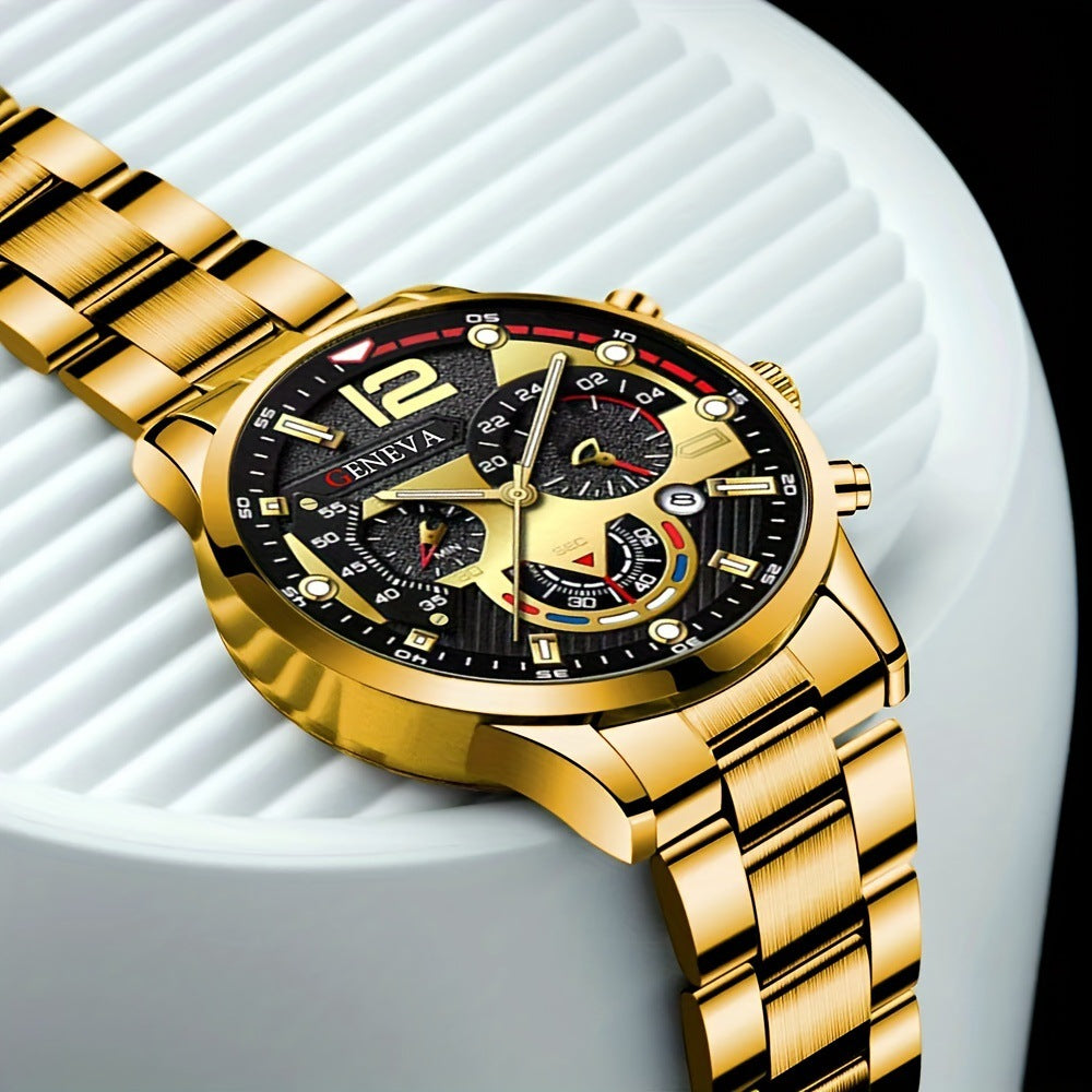 Men's 4-piece Luxury Stainless Steel Quartz Watch with Calendar Gold Cross Necklace Bracelet and Ring