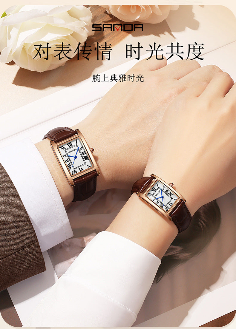 Sanda Live Hot Couple Watch Vintage Square Quartz Watch Waterproof Roman Scale Men's and Women's Watches