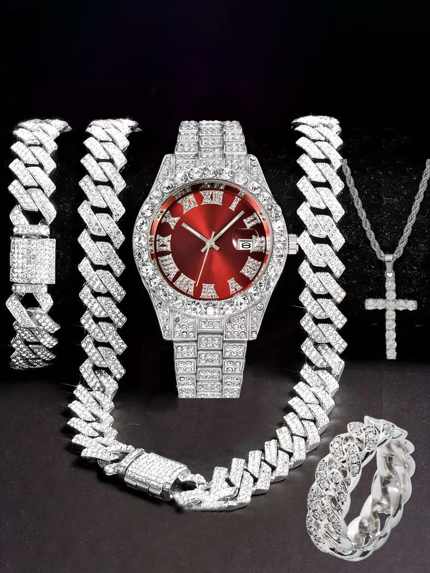 Diamond Watch🔥🔥🔥🔥 Five-Piece Diamond Cuban Chain Cross Necklace Cuban Ring