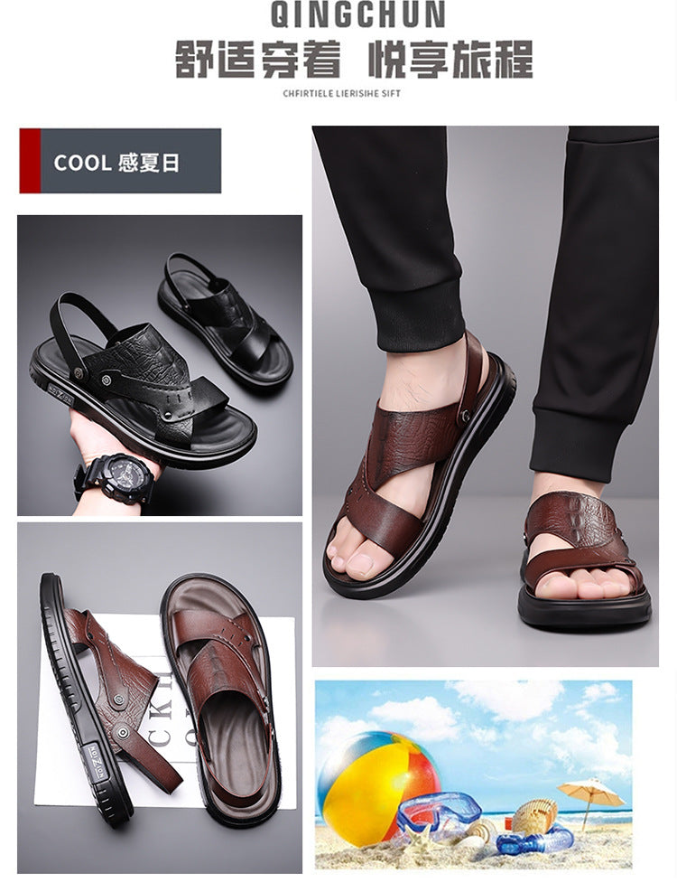 Men's Sandals 2025 New Summer Soft Sole Leather Sandals Anti-Slip Beach Shoes Dual-Purpose Outerwear Sandals and Slippers for Men