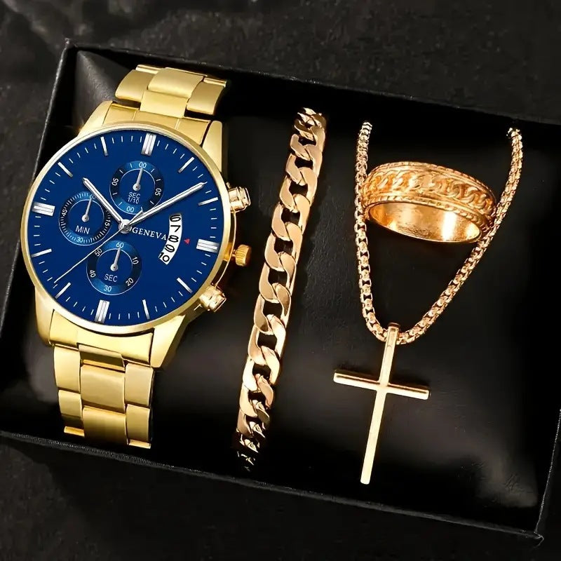 🔥🔥🔥🔥🔥Men's 4-piece Luxury Stainless Steel Quartz Watch with Calendar Gold Cross Necklace Bracelet and Ring
