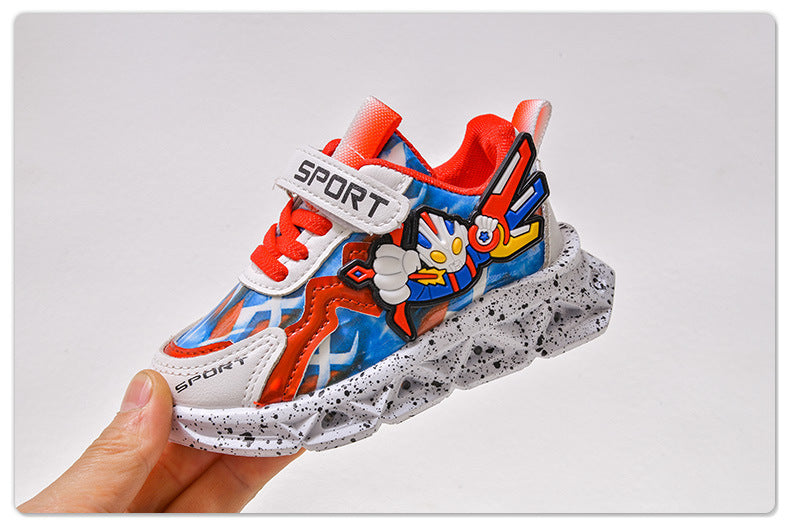 Spring and autumn 2025 new leather bright lights children's sneaker wholesale cartoon with lights boys soft bottom running shoes in stock