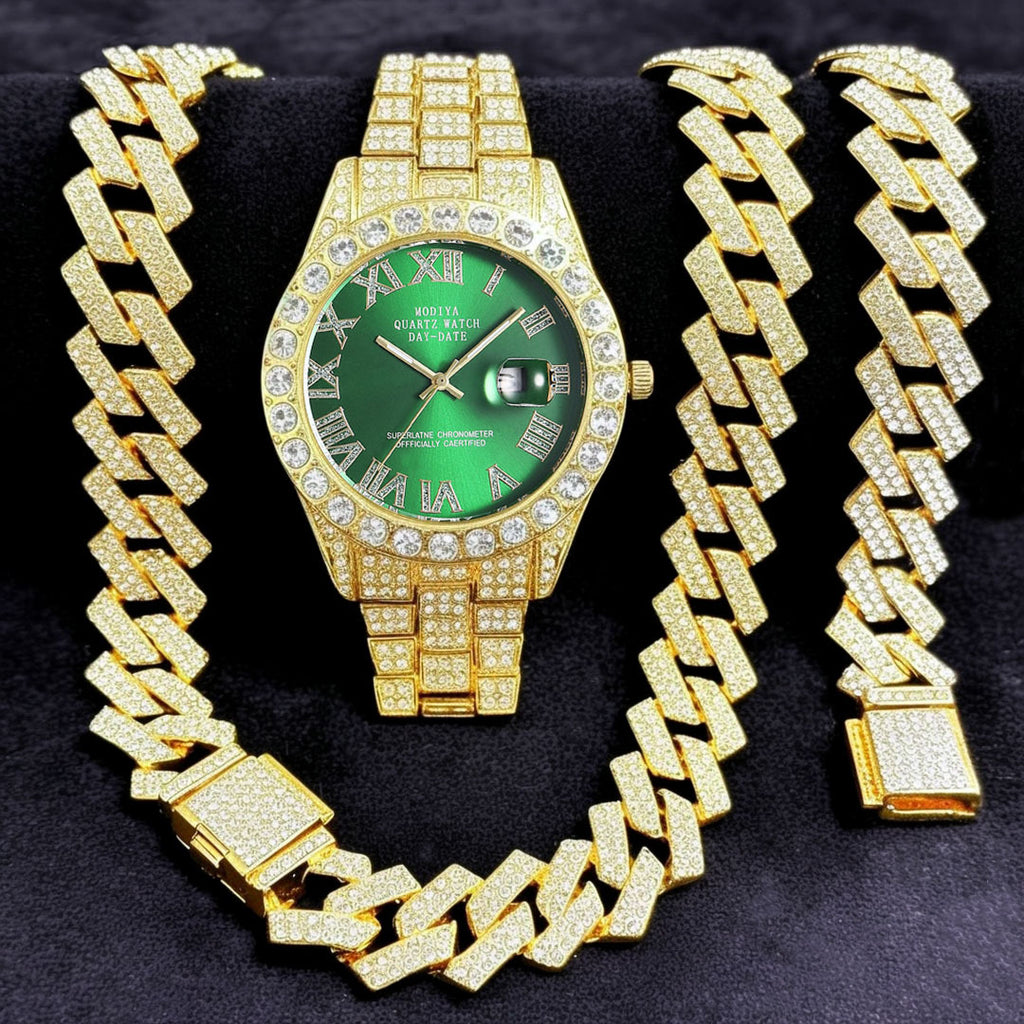 Diamond-Encrusted Watches,🔥🔥🔥🔥 Diamond-Shaped Cuban Bracelets and Necklaces, Three-Piece Set