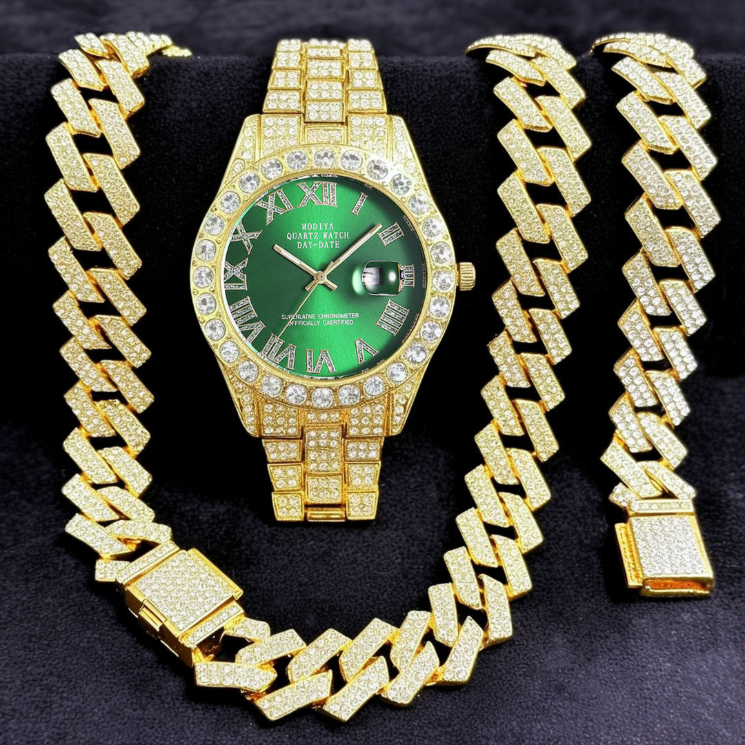 Diamond-Encrusted Watches,🔥🔥🔥🔥 Diamond-Shaped Cuban Bracelets and Necklaces, Three-Piece Set