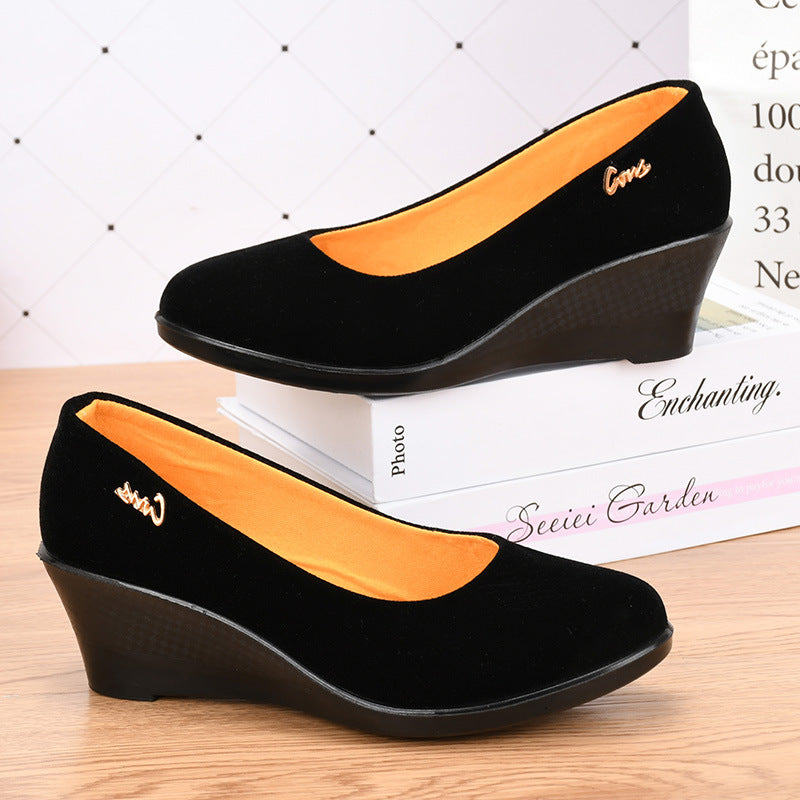 Black Polyurethane Shoes with Thick Soles and Wedge Heels, Women's Shoes