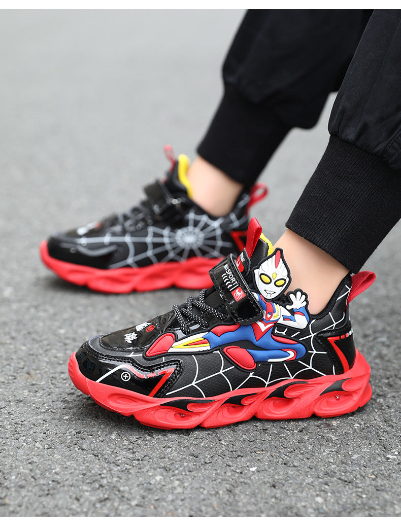 Boys' Shoes Anti-Slip Mid-Leat Running Shoes Leather with Lights Spider-Man Children's Sports Shoes Autumn Lightweight
