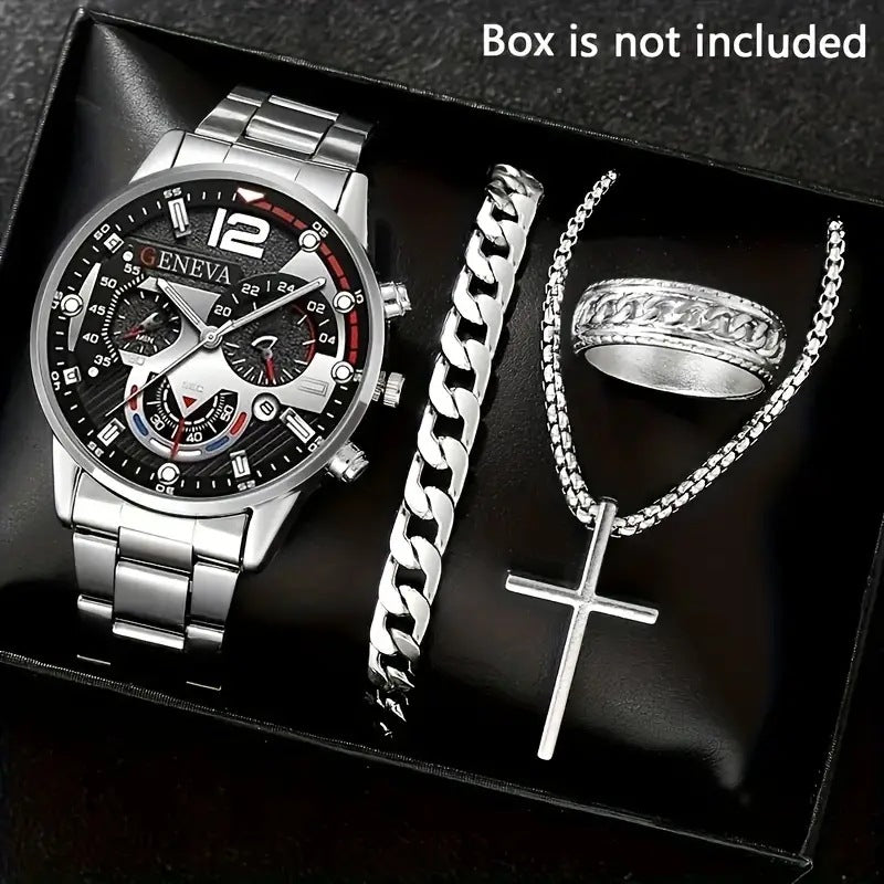 🔥🔥🔥🔥🔥Men's 4-piece Luxury Stainless Steel Quartz Watch with Calendar Gold Cross Necklace Bracelet and Ring